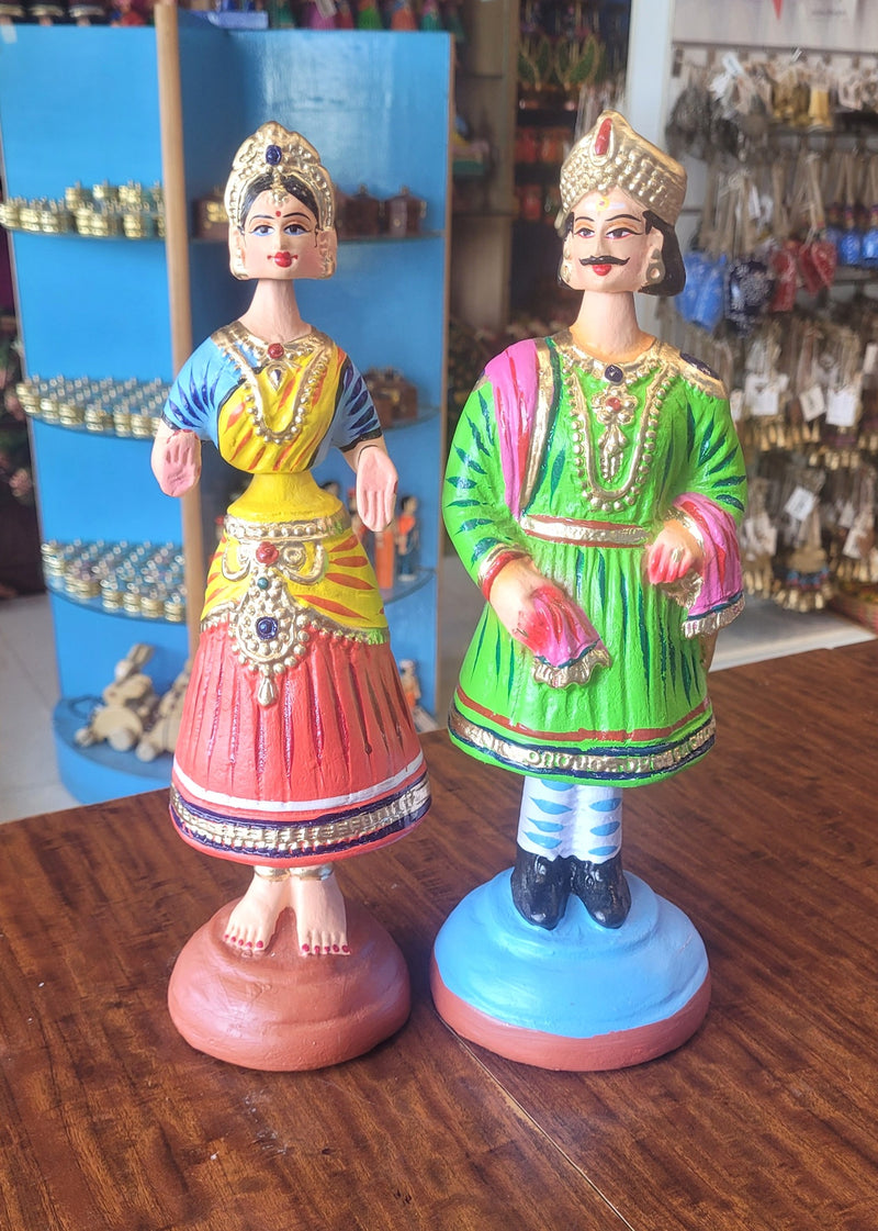 Raja Rani Dancing Doll 12 inch Green Raja with Blue blouse Red skirt Rani Thalayatti Bommai Show piece Table Decor papermache Inches