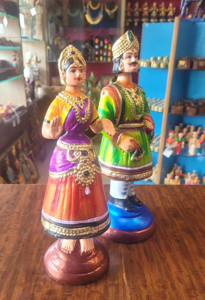 Raja Rani Dancing Doll 12 inch Green Raja with Yellow blouse Orange skirt Rani Thalayatti Bommai Show piece Table Decor papermache Inches