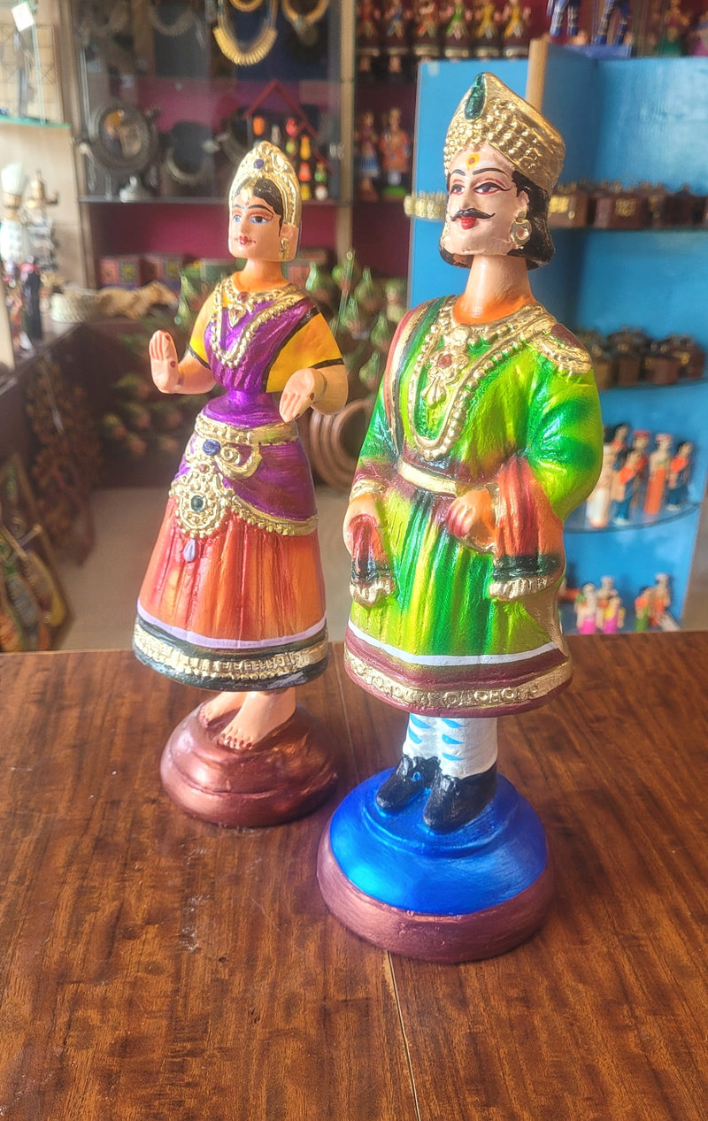 Raja Rani Dancing Doll 12 inch Green Raja with Yellow blouse Orange skirt Rani Thalayatti Bommai Show piece Table Decor papermache Inches