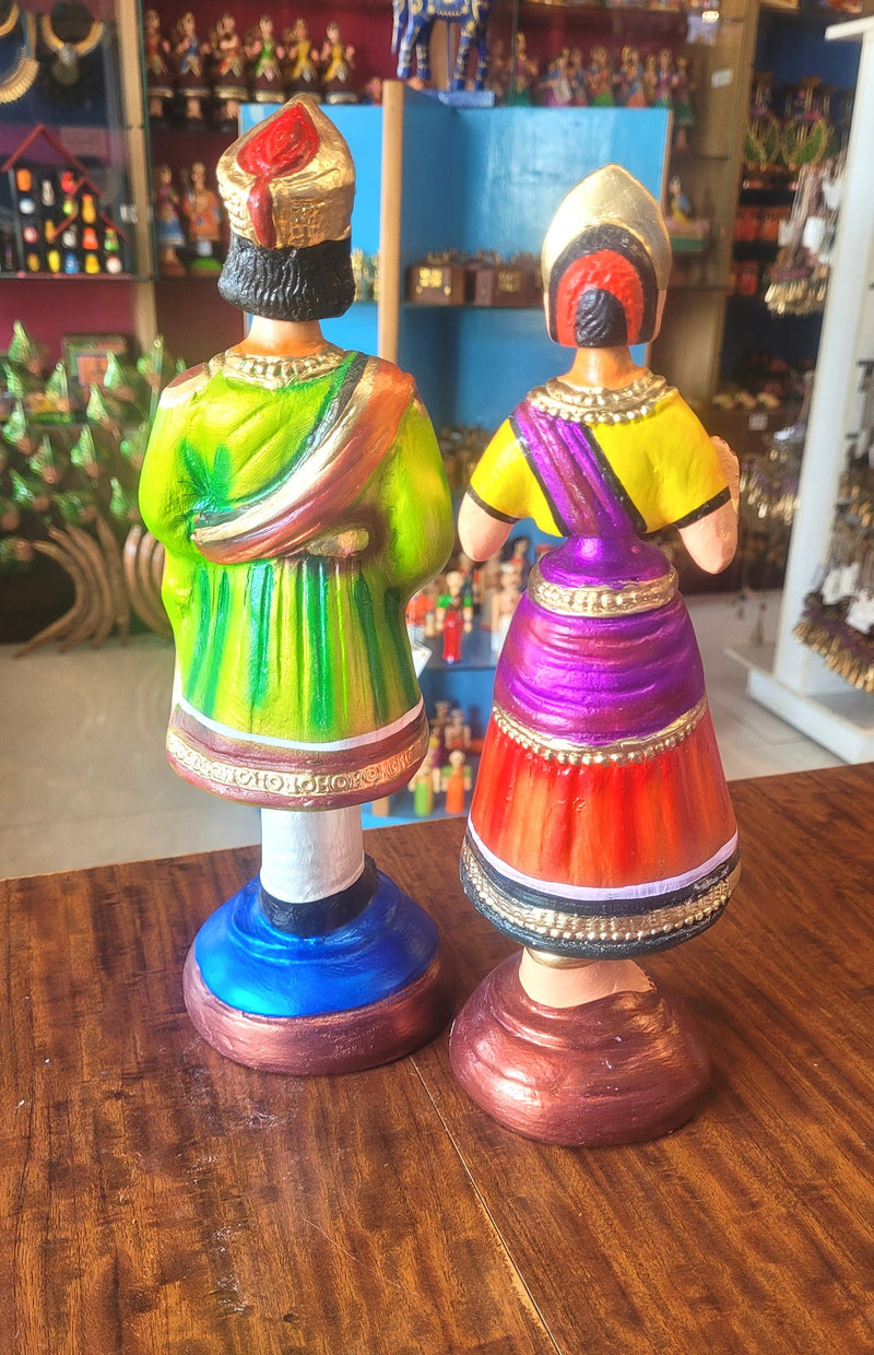 Raja Rani Dancing Doll 12 inch Green Raja with Yellow blouse Orange skirt Rani Thalayatti Bommai Show piece Table Decor papermache Inches