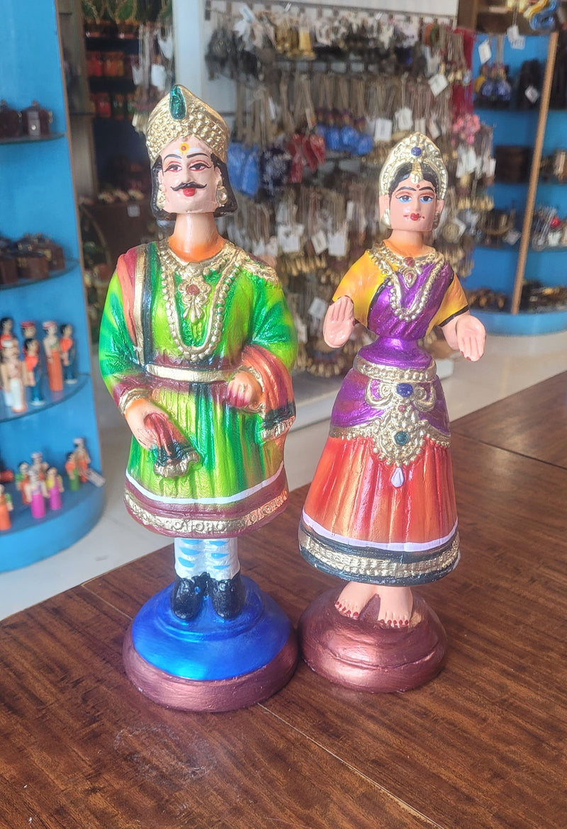 Raja Rani Dancing Doll 12 inch Green Raja with Yellow blouse Orange skirt Rani Thalayatti Bommai Show piece Table Decor papermache Inches