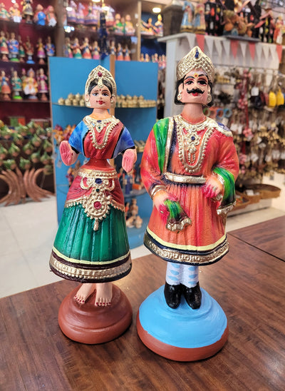 Raja Rani Dancing Doll 12 inch orange raja with Blue blouse rani Thalayatti Bommai Show piece Table Decor papermache Inches