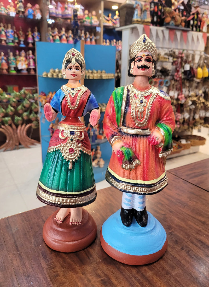 Raja Rani Dancing Doll 12 inch orange raja with Blue blouse rani Thalayatti Bommai Show piece Table Decor papermache Inches
