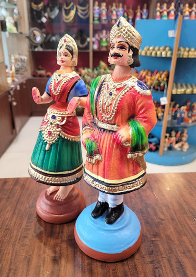 Raja Rani Dancing Doll 12 inch orange raja with Blue blouse rani Thalayatti Bommai Show piece Table Decor papermache Inches
