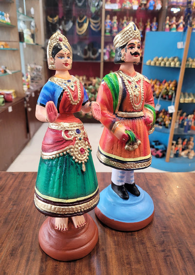 Raja Rani Dancing Doll 12 inch orange raja with Blue blouse rani Thalayatti Bommai Show piece Table Decor papermache Inches