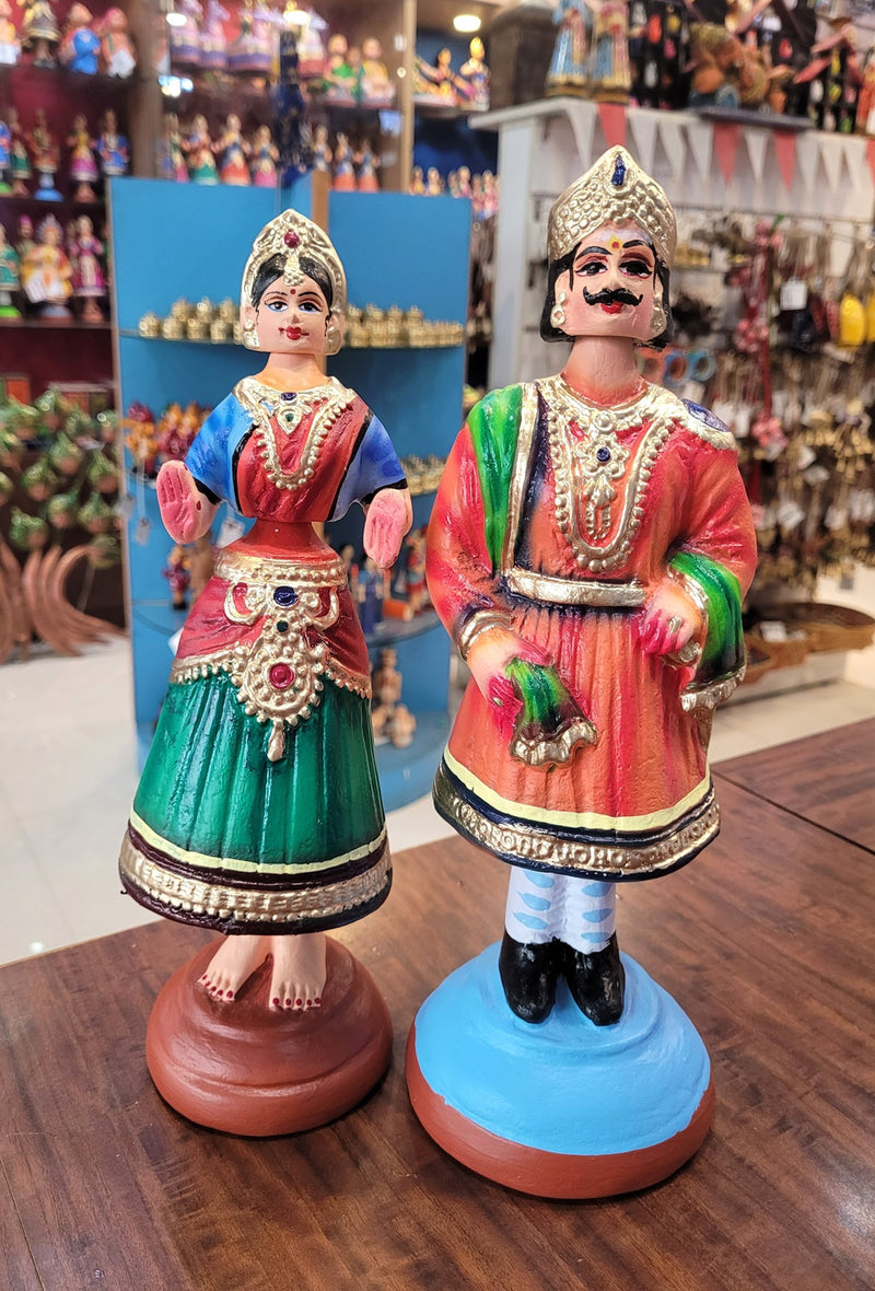 Raja Rani Dancing Doll 12 inch orange raja with Blue blouse rani Thalayatti Bommai Show piece Table Decor papermache Inches