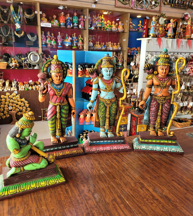 Ram Seetha Lakshmanan Hanuman Statue Set Pooja Idol Table Decor Mahogany Wood Carving Traditional Indian Handicrafts (18 H x 8.5 L x 3 W inches)
