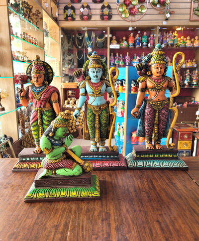 Ram Seetha Lakshmanan Hanuman Statue Set Pooja Idol Table Decor Mahogany Wood Carving Traditional Indian Handicrafts (18 H x 8.5 L x 3 W inches)