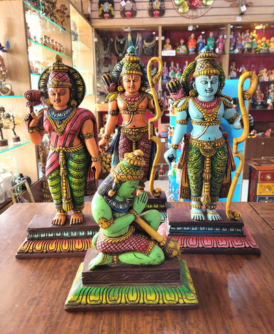 Ram Seetha Lakshmanan Hanuman Statue Set Pooja Idol Table Decor Mahogany Wood Carving Traditional Indian Handicrafts (18 H x 8.5 L x 3 W inches)