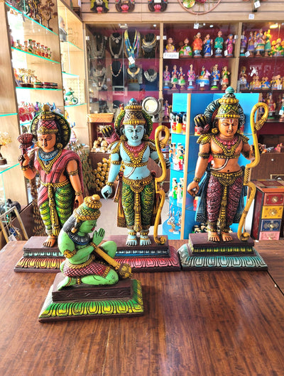 Ram Seetha Lakshmanan Hanuman Statue Set Pooja Idol Table Decor Mahogany Wood Carving Traditional Indian Handicrafts (18 H x 8.5 L x 3 W inches)