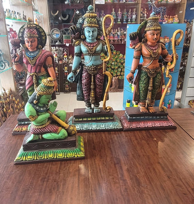 Ram Seetha Lakshmanan Hanuman Statue Set Pooja Idol Table Decor Mahogany Wood Carving Traditional Indian Handicrafts (18 H x 8.5 L x 3 W inches)