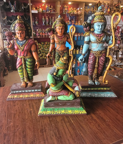 Ram Seetha Lakshmanan Hanuman Statue Set Pooja Idol Table Decor Mahogany Wood Carving Traditional Indian Handicrafts (18 H x 8.5 L x 3 W inches)