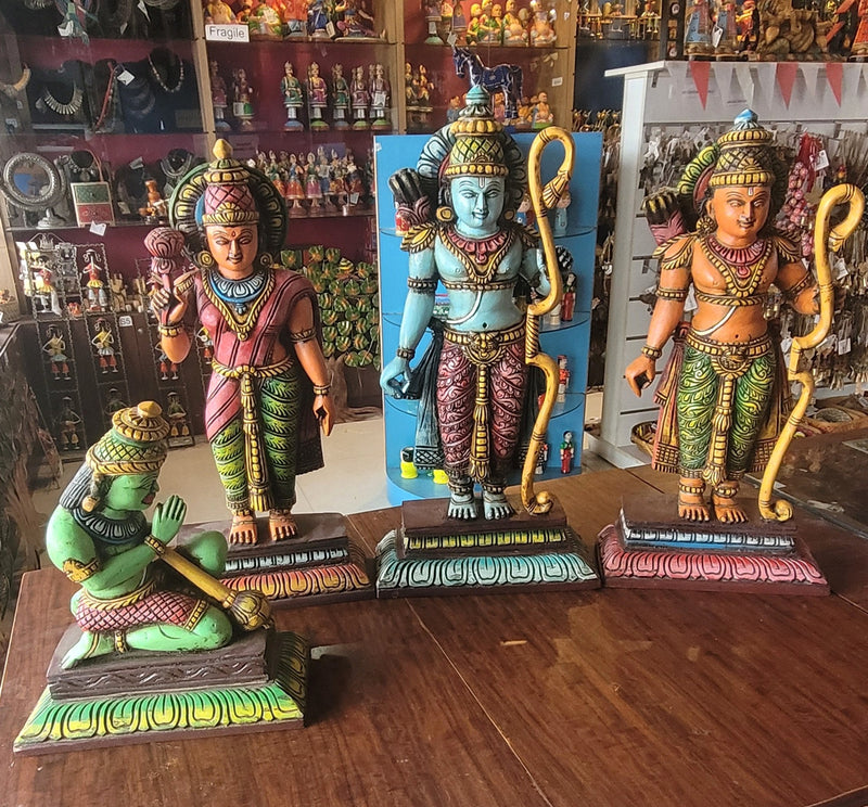 Ram Seetha Lakshmanan Hanuman Statue Set Pooja Idol Table Decor Mahogany Wood Carving Traditional Indian Handicrafts (18 H x 8.5 L x 3 W inches)