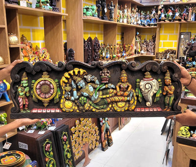 Lord Ranganathar with Garudar & Hanuman With Sangu Chakkaram  Wall Panel  36 Inch Wall Hanging Vagai Wood Carving Traditional Chettinad Indian Handicrafts (12H x 36L x 2W Inches)