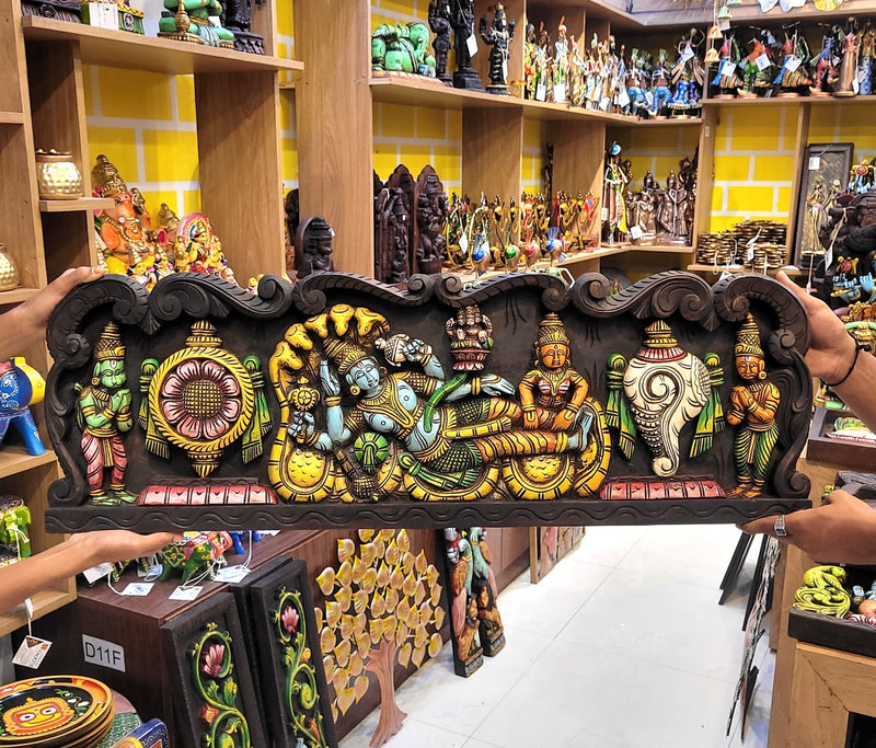 Lord Ranganathar with Garudar & Hanuman With Sangu Chakkaram  Wall Panel  36 Inch Wall Hanging Vagai Wood Carving Traditional Chettinad Indian Handicrafts (12H x 36L x 2W Inches)