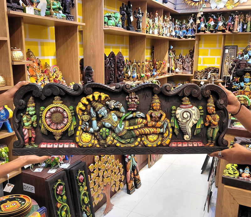 Lord Ranganathar with Garudar & Hanuman With Sangu Chakkaram  Wall Panel  36 Inch Wall Hanging Vagai Wood Carving Traditional Chettinad Indian Handicrafts (12H x 36L x 2W Inches)