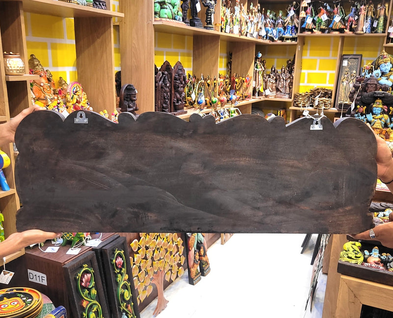 Lord Ranganathar with Garudar & Hanuman With Sangu Chakkaram  Wall Panel  36 Inch Wall Hanging Vagai Wood Carving Traditional Chettinad Indian Handicrafts (12H x 36L x 2W Inches)