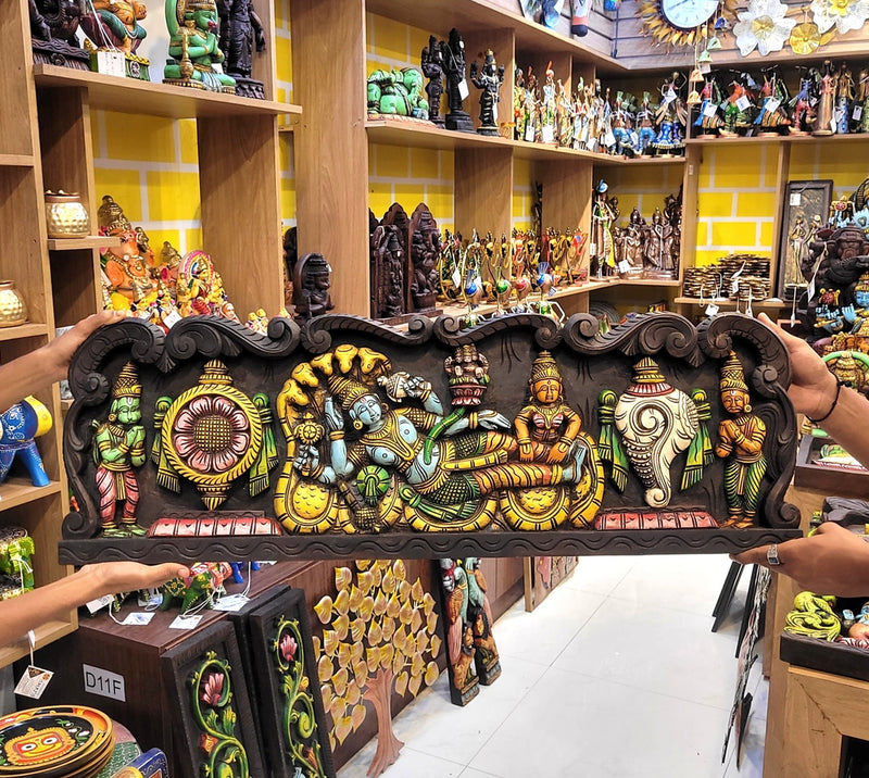 Lord Ranganathar with Garudar & Hanuman With Sangu Chakkaram  Wall Panel  36 Inch Wall Hanging Vagai Wood Carving Traditional Chettinad Indian Handicrafts (12H x 36L x 2W Inches)