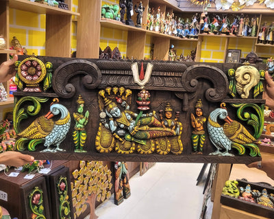 Lord Ranganathar With Namam Sangu Chakkaram & Annam Wooden Wall Panel  36.5 Inch Wall Hanging Mahogany Wood Carving Traditional Chettinad Indian Handicrafts (15H x 36.5L x 2W Inches)