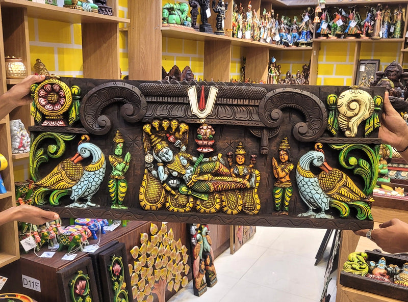 Lord Ranganathar With Namam Sangu Chakkaram & Annam Wooden Wall Panel  36.5 Inch Wall Hanging Mahogany Wood Carving Traditional Chettinad Indian Handicrafts (15H x 36.5L x 2W Inches)