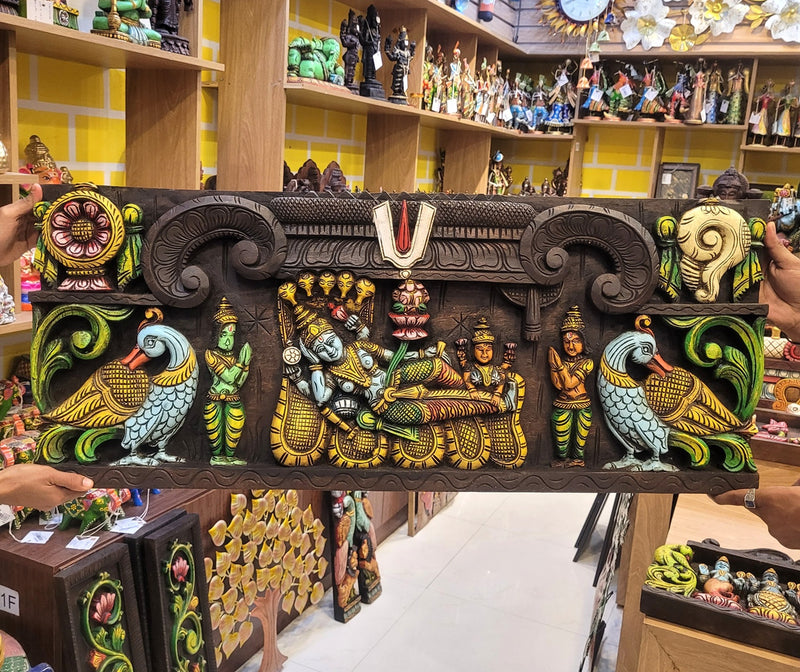 Lord Ranganathar With Namam Sangu Chakkaram & Annam Wooden Wall Panel  36.5 Inch Wall Hanging Mahogany Wood Carving Traditional Chettinad Indian Handicrafts (15H x 36.5L x 2W Inches)