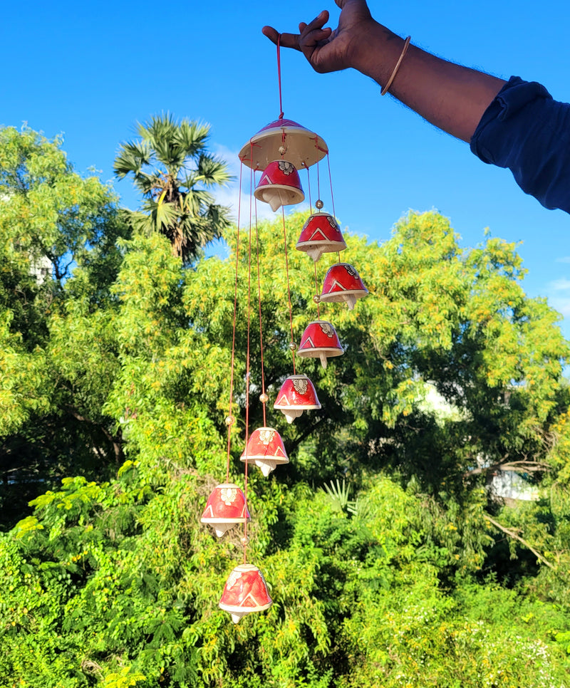 Red 8 bells Ceramic wind chimes mughalpainted in hand ( 34 H * 4.5 L * 4.5 W )Inchs