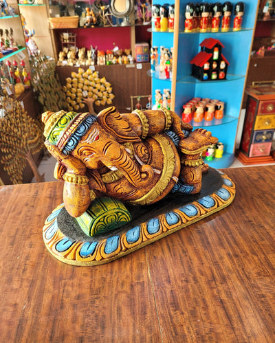 Relaxing Ganesha Resting Right Side Ganesha Idol Statue Pooja Idol Table Decor Mahogany Wood Carving Traditional Chettinad Indian Handicrafts (8 H x 15 L x 7 W inches)