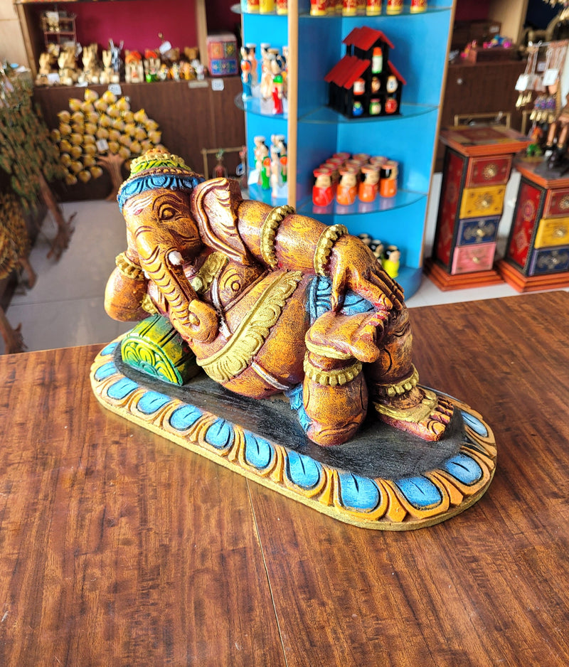 Relaxing Ganesha Resting Right Side Ganesha Idol Statue Pooja Idol Table Decor Mahogany Wood Carving Traditional Chettinad Indian Handicrafts (8 H x 15 L x 7 W inches)