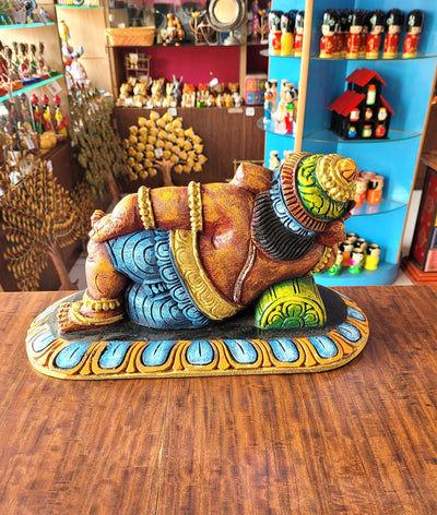 Relaxing Ganesha Resting Right Side Ganesha Idol Statue Pooja Idol Table Decor Mahogany Wood Carving Traditional Chettinad Indian Handicrafts (8 H x 15 L x 7 W inches)