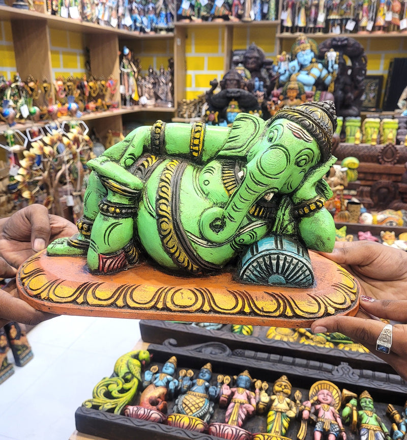 Relaxing Ganesha Resting Ganesha Idol Statue Full Green Left Side Mahogany Wood Carving Table DecorTraditional Indian Handicrafts Puja Idol Pooja Idol (8.5H x 15L x 7W Inches)