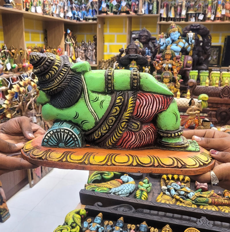 Relaxing Ganesha Resting Ganesha Idol Statue Full Green Left Side Mahogany Wood Carving Table DecorTraditional Indian Handicrafts Puja Idol Pooja Idol (8.5H x 15L x 7W Inches)