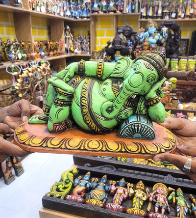 Relaxing Ganesha Resting Ganesha Idol Statue Full Green Left Side Mahogany Wood Carving Table DecorTraditional Indian Handicrafts Puja Idol Pooja Idol (8.5H x 15L x 7W Inches)