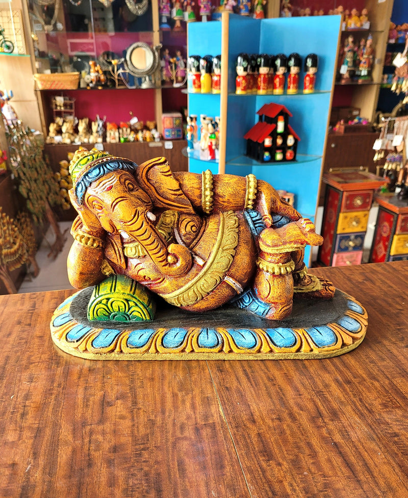 Relaxing Ganesha Resting Right Side Ganesha Idol Statue Pooja Idol Table Decor Mahogany Wood Carving Traditional Chettinad Indian Handicrafts (8 H x 15 L x 7 W inches)