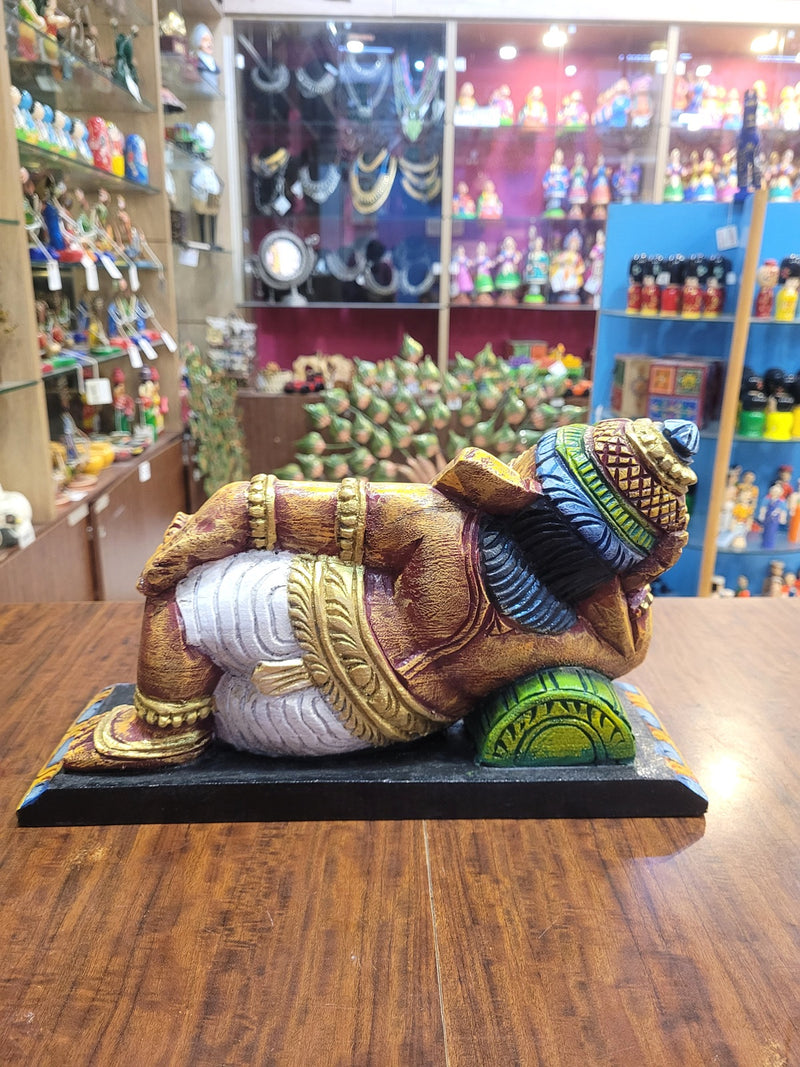 Relaxing Ganesha Resting Right Side Ganesha Idol Statue Pooja Idol Table Decor Mahogany Wood Carving Traditional Chettinad Indian Handicrafts (8 H x 15 L x 7 W inches)