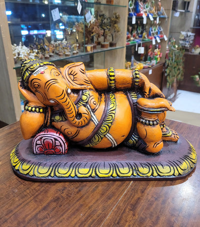 Relaxing Ganesha Resting Ganesha idol statue full Wooden Carving Table Decor Maghony Wood Traditional Indian Handicrafts puja idol Pooja idol ( 8.5 H * 15 L * 7 W ) inches