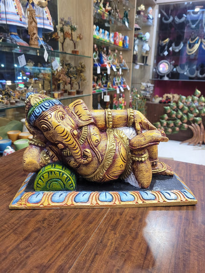 Relaxing Ganesha Resting Right Side Ganesha Idol Statue Pooja Idol Table Decor Mahogany Wood Carving Traditional Chettinad Indian Handicrafts (8 H x 15 L x 7 W inches)