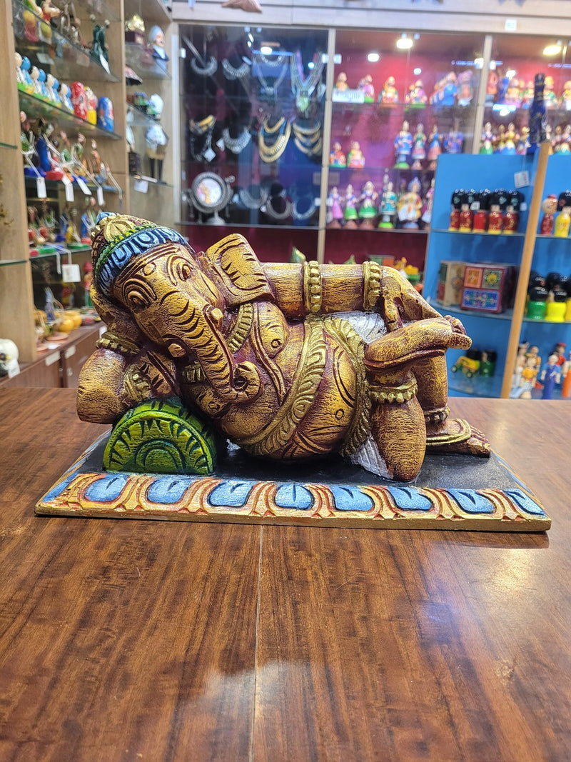 Relaxing Ganesha Resting Right Side Ganesha Idol Statue Pooja Idol Table Decor Mahogany Wood Carving Traditional Chettinad Indian Handicrafts (8 H x 15 L x 7 W inches)