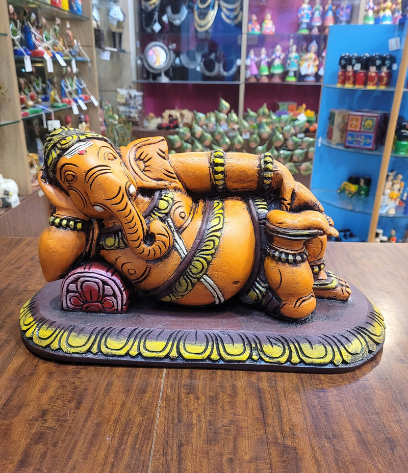 Relaxing Ganesha Resting Ganesha idol statue full Wooden Carving Table Decor Maghony Wood Traditional Indian Handicrafts puja idol Pooja idol ( 8.5 H * 15 L * 7 W ) inches