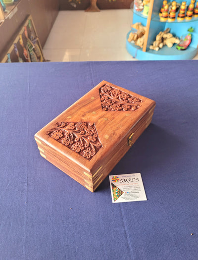 Rose wood Wooden carving Brown jewellery Box BIG Brass Inlay return gifts festival gifting indian handicrafts (2.5 H * 8 L * 5 W) Inches