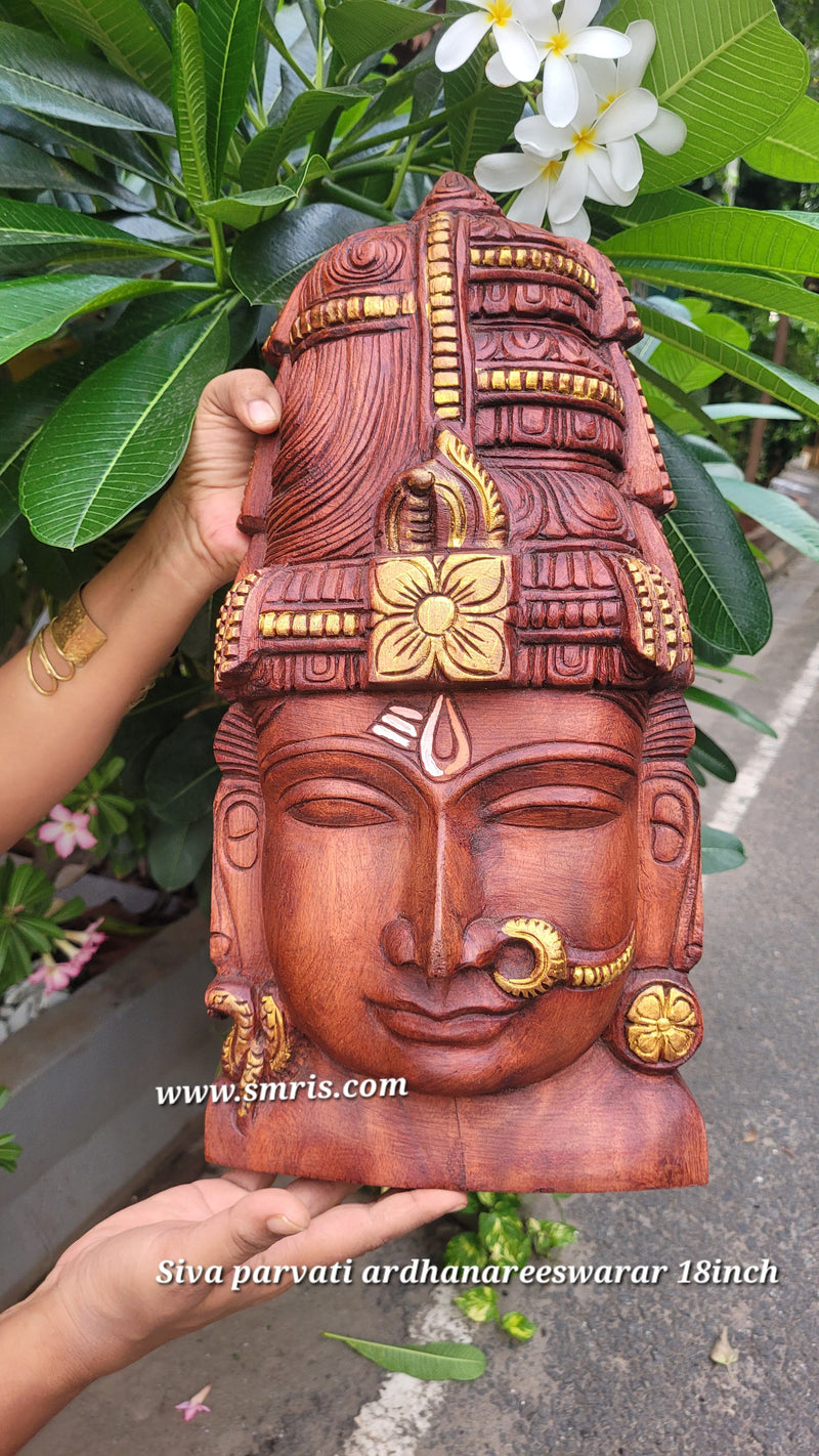 Arthanareeswarar Siva parvati Shiva Sakthi  Face Mask Wall Panel Mahogany Wood Carving Wall Hanging Pooja Decor Traditional Indian Handicrafts (18H x 9L x 2W Inches)