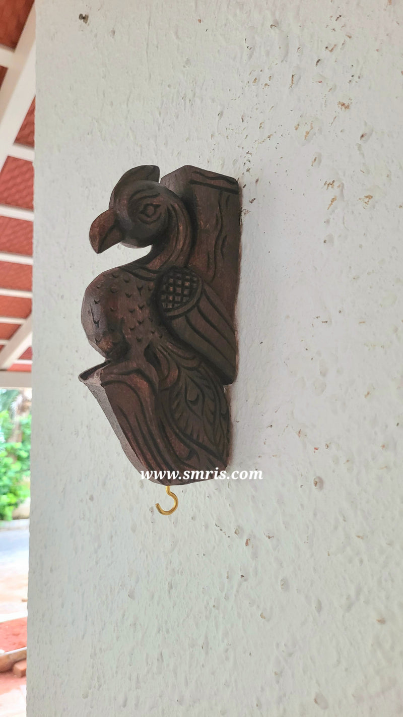 Small Peacock Wall Bracket / Corbel Antiquie Natural Colour Wood Carving Wall Hanging Decor Indian Chettinad Handicraft Handcarved Chettinad South Indian Craft (7.5H x 3.8L x 1.5W Inches)