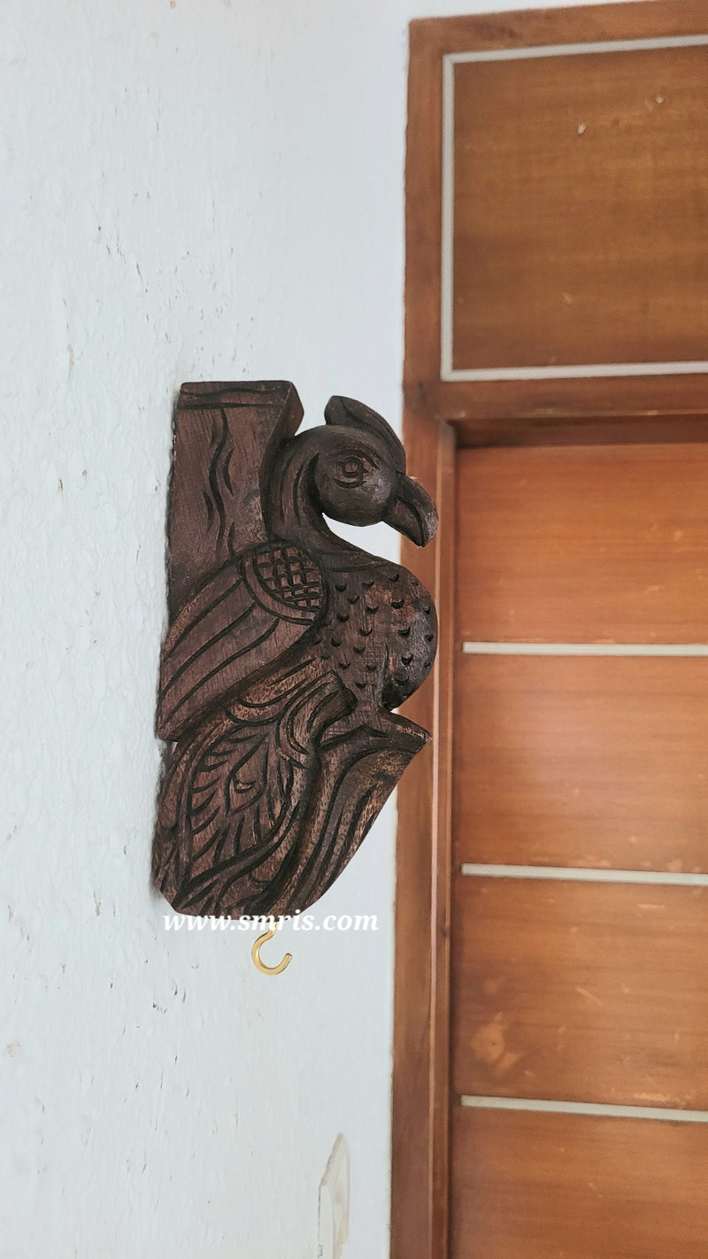 Small Peacock Wall Bracket / Corbel Antiquie Natural Colour Wood Carving Wall Hanging Decor Indian Chettinad Handicraft Handcarved Chettinad South Indian Craft (7.5H x 3.8L x 1.5W Inches)