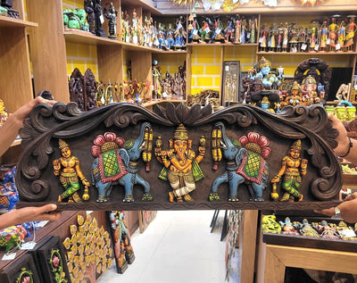 Gaja Ganesha With Double Elephant & Two Lady 36 Inch Vagai Wooden Carving Wall Panel Frame Wall Hanging (12H x 36L x 2W Inches)