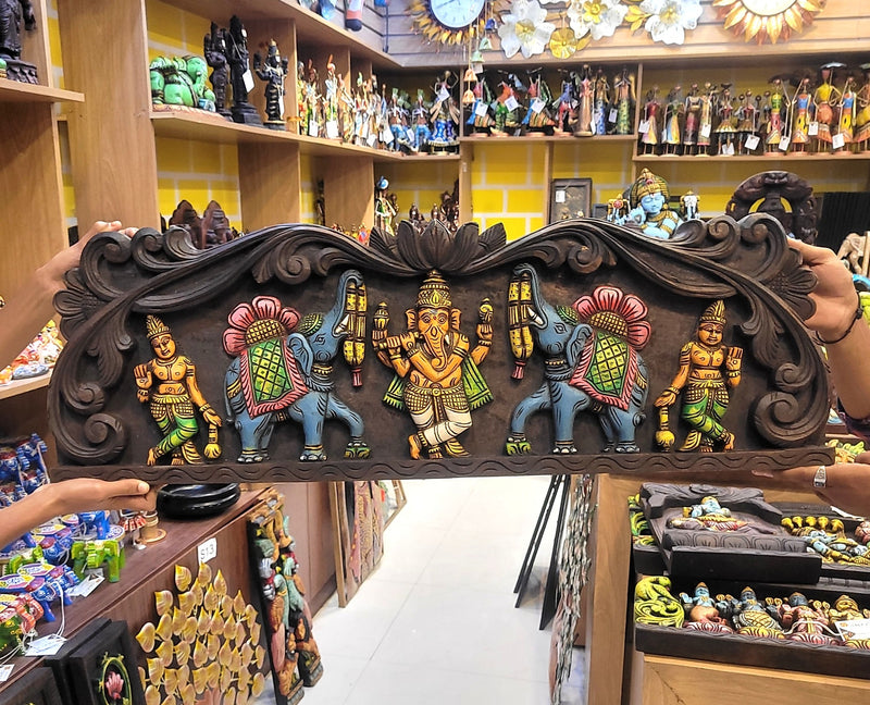 Gaja Ganesha With Double Elephant & Two Lady 36 Inch Vagai Wooden Carving Wall Panel Frame Wall Hanging (12H x 36L x 2W Inches)