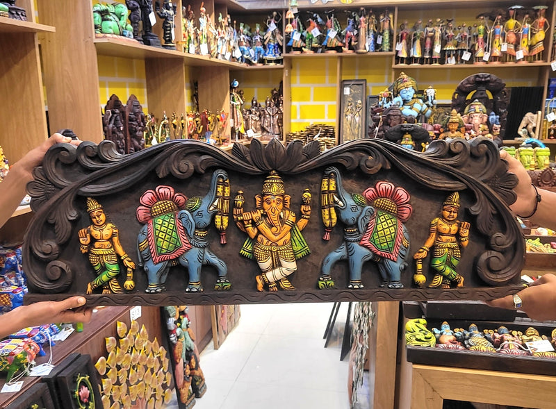 Gaja Ganesha With Double Elephant & Two Lady 36 Inch Vagai Wooden Carving Wall Panel Frame Wall Hanging (12H x 36L x 2W Inches)