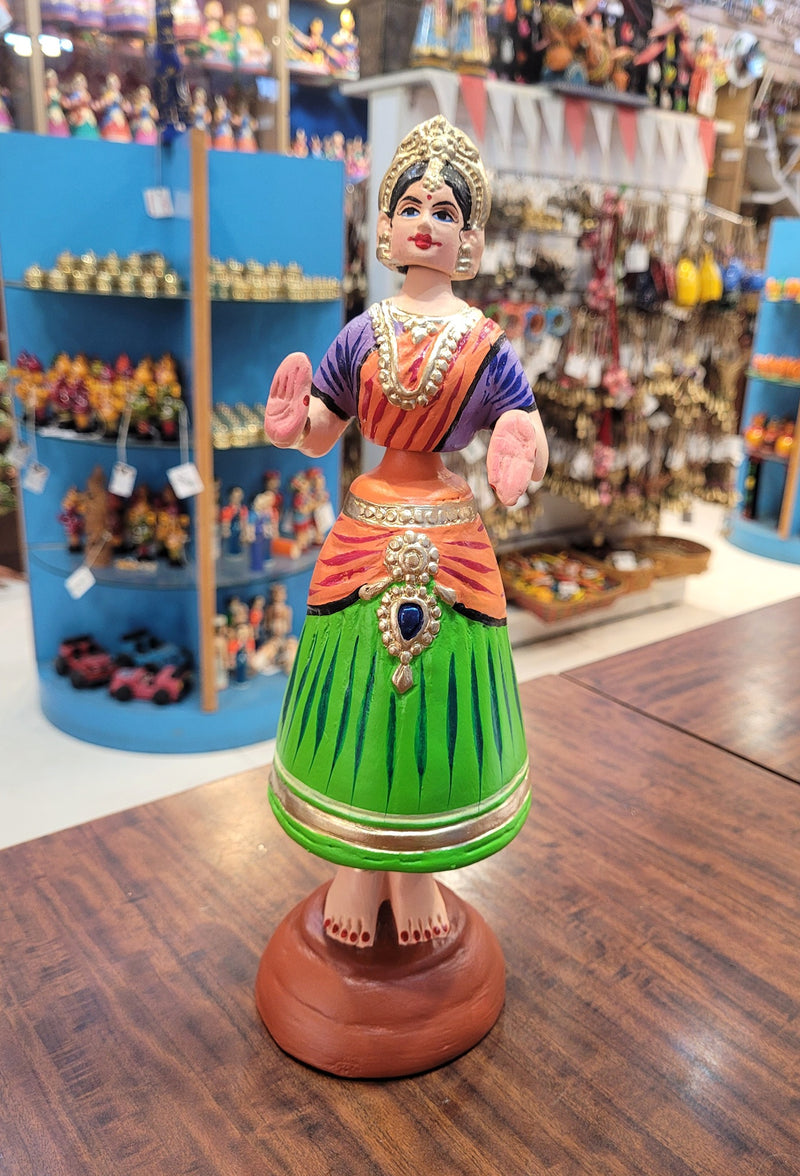 Star heart dancing Doll Paper Mache 11 inch H Green with Orange Handmade Thanjavur Thalayatti Bommai Tamil Tradition