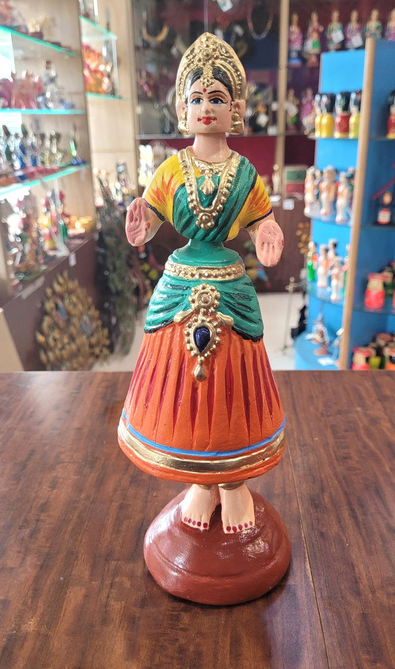Star heart dancing Doll Paper Mache 11 inch H Dark Green With Orange Handmade Thanjavur Thalayatti Bommai Tanjore Dancing Doll Tamil Tradition (11 H * 3.5 L * 3.5 W ) Inches