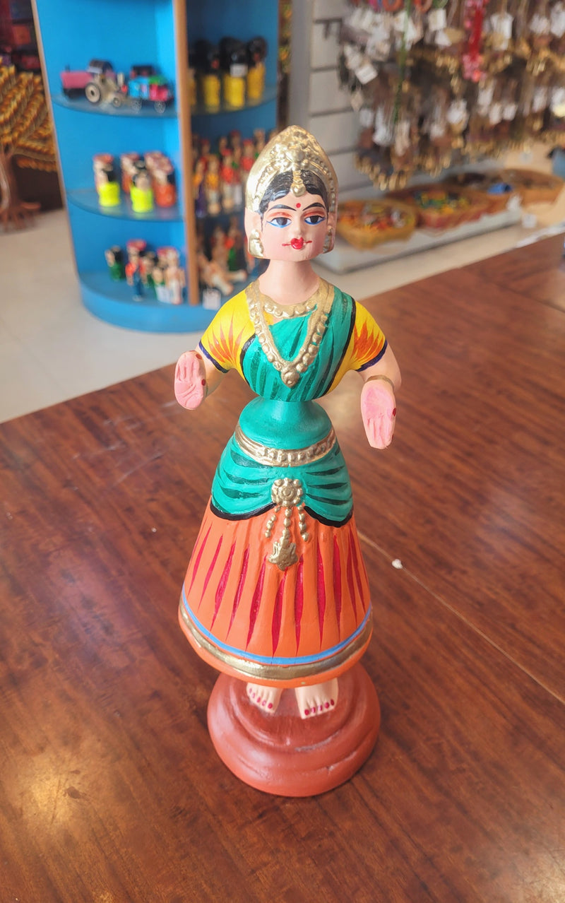 Star heart dancing Doll Paper Mache 11 inch H Dark Green With Orange Handmade Thanjavur Thalayatti Bommai Tanjore Dancing Doll Tamil Tradition (11 H * 3.5 L * 3.5 W ) Inches