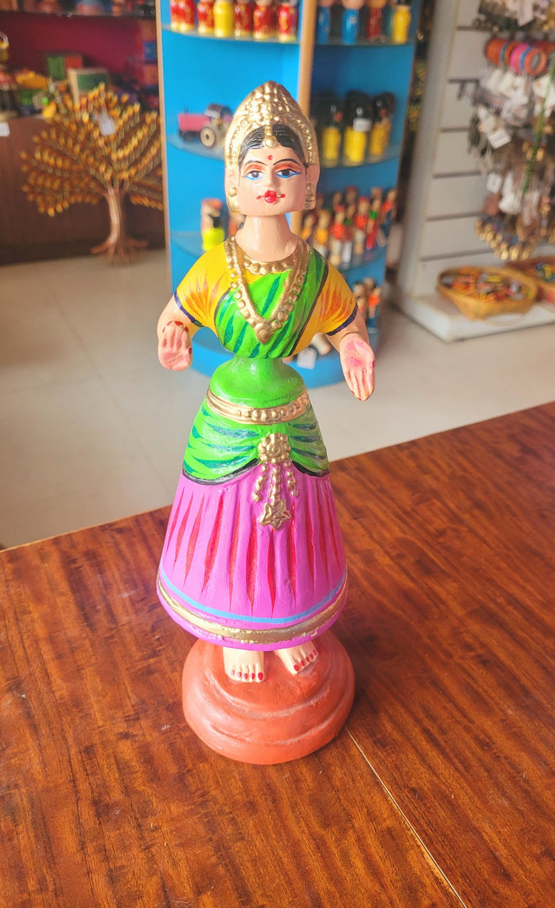 Star heart dancing Doll Paper Mache 11 inch H Pink with Green Handmade Thanjavur Thalayatti Bommai Tamil Tradition