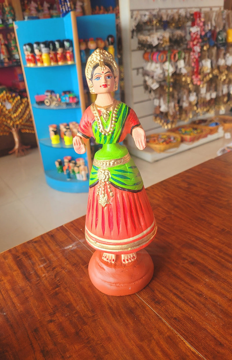 Star Heart Tanjore Dancing Doll Paper Mache 11 inch H Red & Green Handmade Thanjavur Thalayatti Bommai Tamil Tradition Table Decor Golu Doll Show Piece  (11 H * 3.5 L * 3.5 W ) Inches